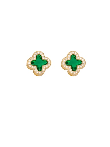 14K gold +green Brass Synthetic Crystal Clover Dainty Stud Earring