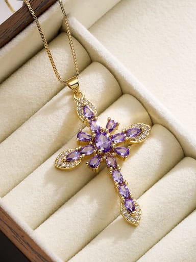23391 Brass Cubic Zirconia Purple Cross Dainty Necklace