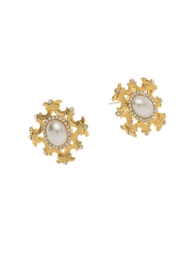 Brass Imitation Pearl Flower Vintage Stud Earring