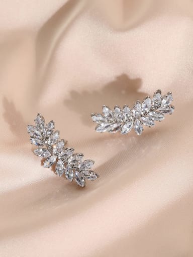 White K Brass Cubic Zirconia Leaf Luxury Cluster Earring