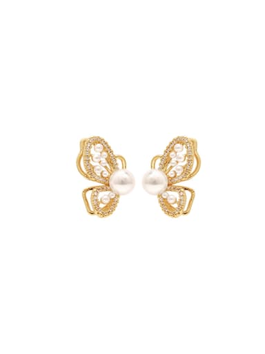 Brass Imitation Pearl Butterfly Dainty Stud Earring