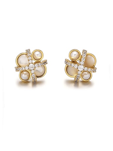 Freshwater Bell Ear Studs Pair Brass Imitation Pearl Flower Vintage Necklace
