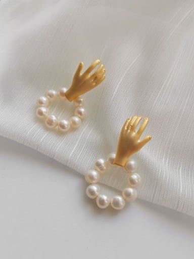 Copper Imitation Pearl  Ethnic Palm Abstract   Stud Trend Korean Fashion Earring