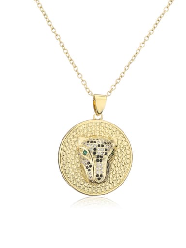Brass Cubic Zirconia Leopard Vintage Round Pendant Necklace
