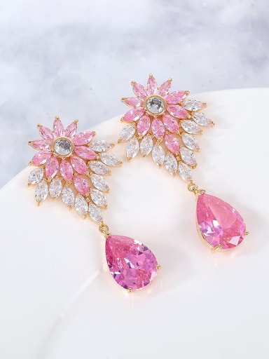 pink Brass Cubic Zirconia Flower Luxury Drop Earring
