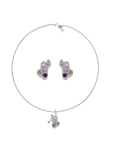 Brass Cubic Zirconia Hip Hop Cactus Earring and Necklace Set