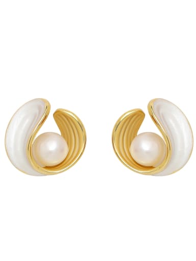 Brass Imitation Pearl Enamel Geometric Minimalist Clip Earring