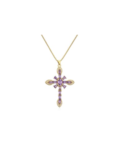 Brass Cubic Zirconia Purple Cross Dainty Necklace