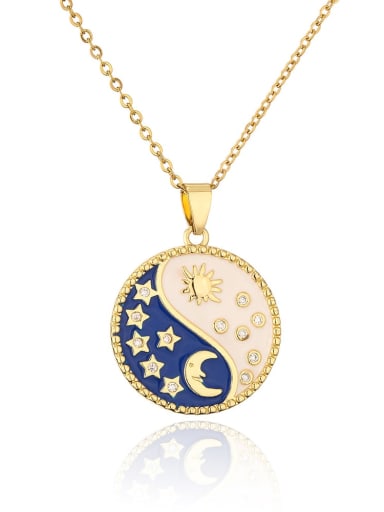 Brass Cubic Zirconia Enamel Star Moon Vintage  Round Pendant Necklace