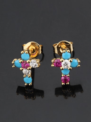 Brass Cubic Zirconia Cross Vintage Stud Earring