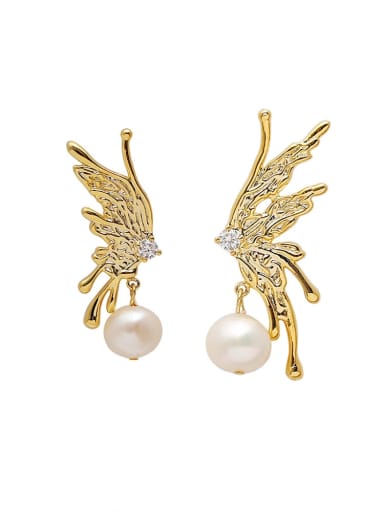 18K gold Brass Imitation Pearl Butterfly Vintage Stud Earring