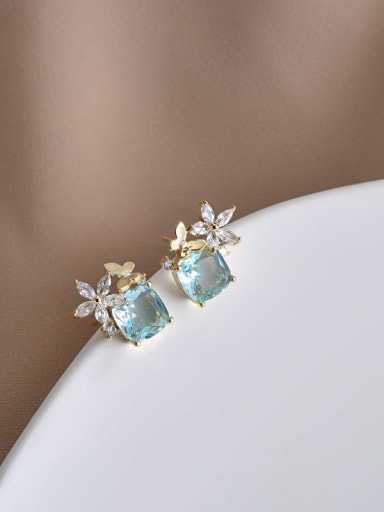 Gold Blue ed66552 Brass Cubic Zirconia Flower Dainty Stud Earring