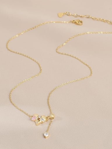Gold XL62960 Brass Cubic Zirconia Pink Heart Dainty Necklace