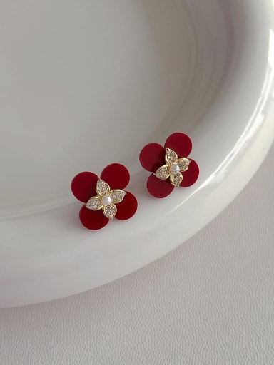 Floral Red Brass Cubic Zirconia Enamel Geometric Minimalist Stud Earring