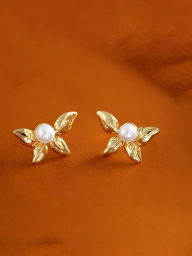 Brass Imitation Pearl Leaf Minimalist Stud Earring