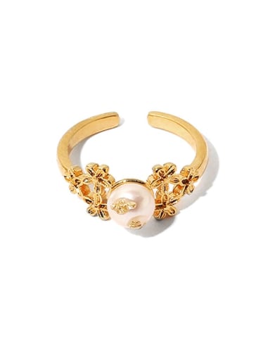 Brass Imitation Pearl Flower Vintage Band Ring