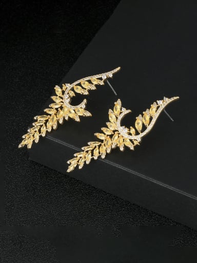 yellow Brass Cubic Zirconia Feather Water Drop  Luxury Cluster Earring
