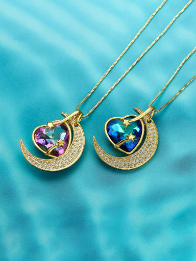 Brass Cubic Zirconia Moon Heart Vintage Necklace