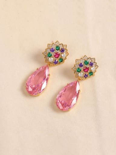 Pink Brass Cubic Zirconia Flower Luxury Cluster Earring