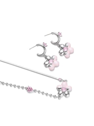 Brass Cubic Zirconia Enamel Cute Flower  Earring and Necklace Set