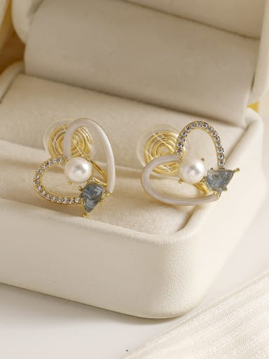 14k Golden Rice White  Clip Brass Enamel Heart Minimalist Stud Earring