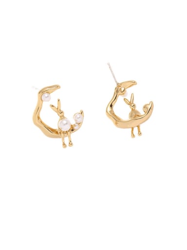 Brass Imitation Pearl Moon Minimalist Stud Earring