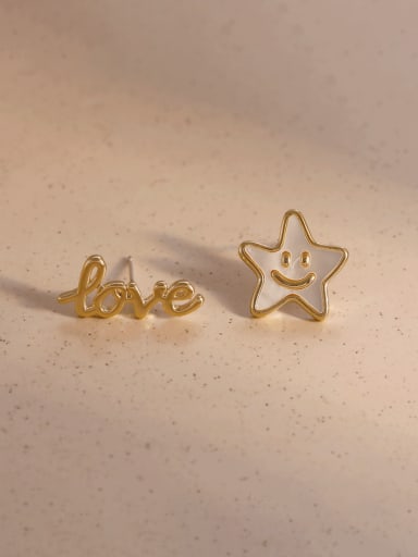 Brass Enamel Asymmetrical Pentagram Smiley  Cute Stud Earring