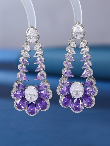 platinum+purple Brass Cubic Zirconia Flower Luxury Drop Earring