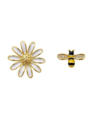 Copper Rhinestone Enamel Cute chrysanthemum Bee asymmetric Stud Trend Korean Fashion Earring