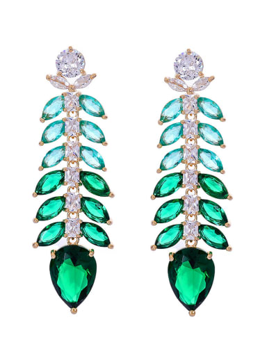 green Brass Cubic Zirconia Leaf Luxury Drop Earring