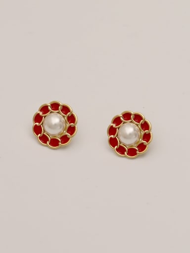 14K golden red Brass Imitation Pearl Enamel Geometric Vintage Stud Trend Korean Fashion Earring