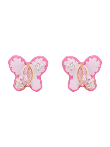 Pink Brass Multi Color Enamel Butterfly Cute Stud Earring