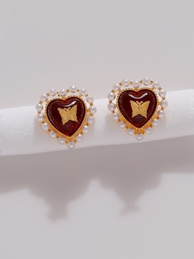 Brass Imitation Pearl Heart Vintage Stud Earring
