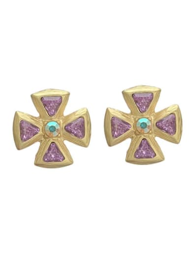 purple Brass Glass Stone Cross Vintage Stud Earring