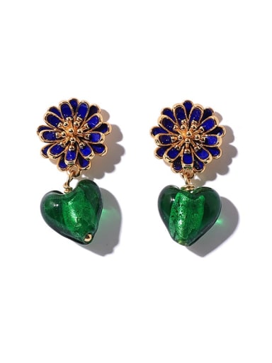 Brass Glass Stone Heart Vintage Drop Earring