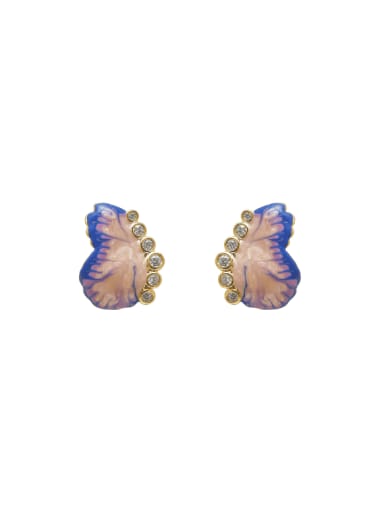 16k gold+blue Brass Enamel Butterfly Cute Stud Earring