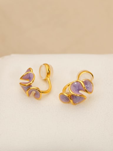 16K Golden Taro Purple Brass Enamel Flower Minimalist Stud Earring