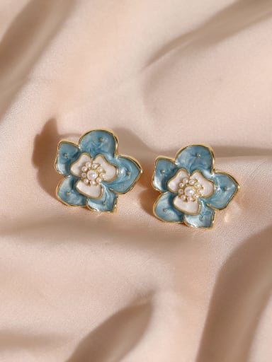 14k Gold light blue Brass Imitation Pearl Enamel Flower Vintage Clip Earring