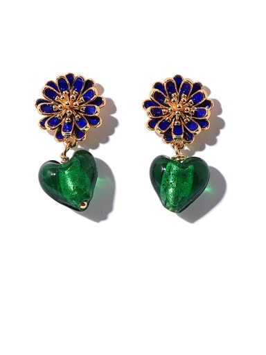 Brass Glass Stone Heart Vintage Drop Earring