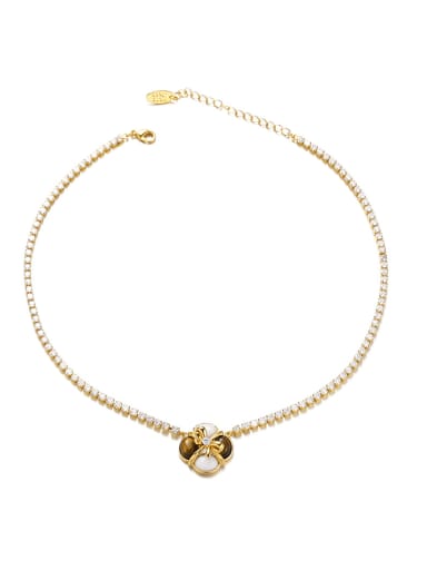 Brass Tiger Eye Geometric Vintage Cubic Zirconia Chain Necklace