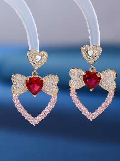 Red and pink Brass Cubic Zirconia Heart Luxury Drop Earring