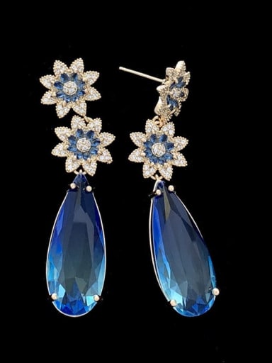 blue Brass Cubic Zirconia Water Drop Flower Luxury Drop Earring
