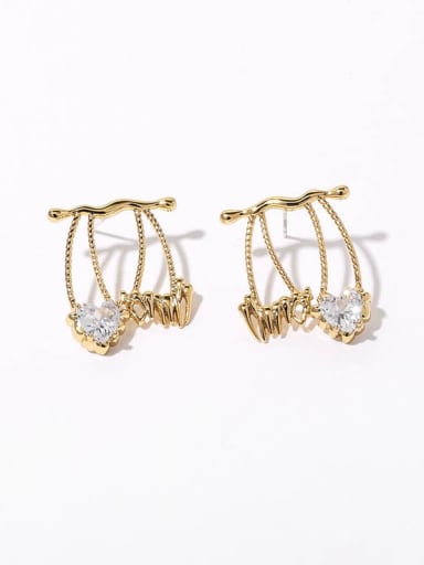 Golden Cherry Brass Cubic Zirconia Heart Minimalist Stud Earring