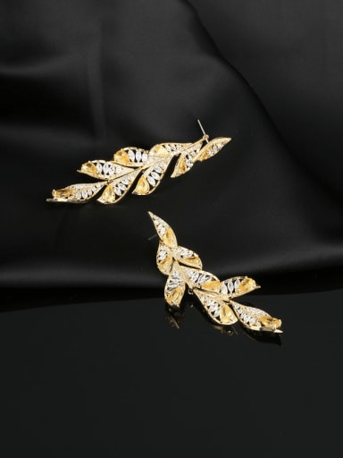 yellow Brass Cubic Zirconia Leaf  Tassel Luxury Cluster Earring