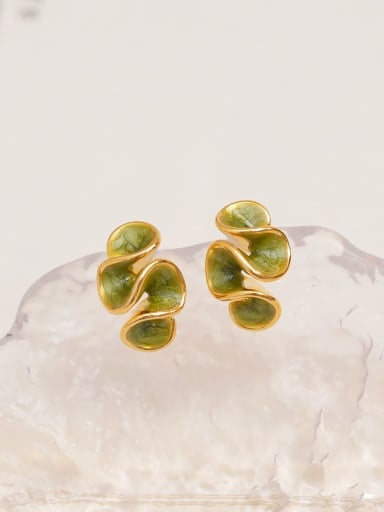 16K Golden Pearl Light Fruit Green Brass Enamel Irregular Minimalist Stud Earring