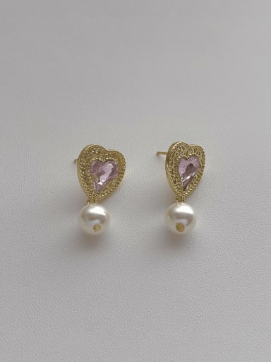 Q176 Pink Brass Glass Stone Heart Vintage Drop Earring