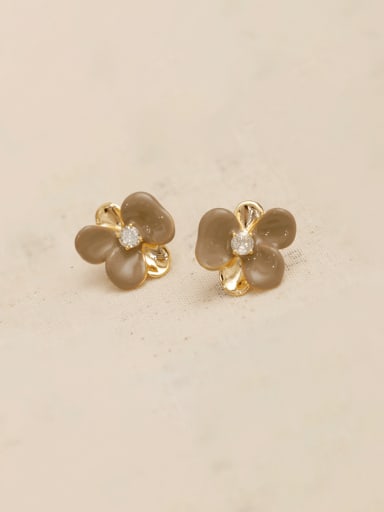 16K Gold +Deep Coffee Brass Enamel Flower Minimalist Stud Earring