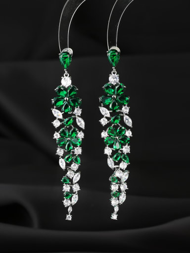 green Brass Cubic Zirconia Flower Luxury Long Cluster Earring