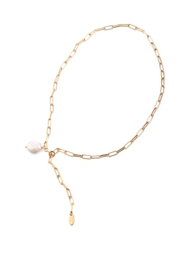 Brass Freshwater Pearl Geometric Vintage Lariat Necklace