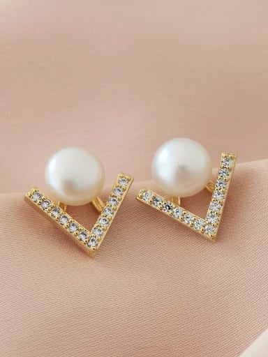 14k Gold [freshwater pearl] Brass Cubic Zirconia Irregular Minimalist Stud Earring